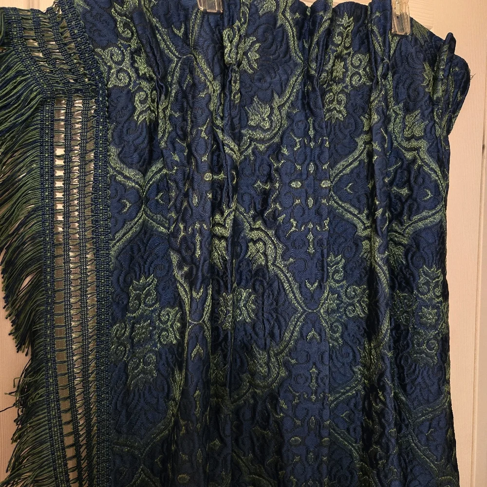Drapes Blue and Green Jacquard With Fringe One Pair Boho Hollywood Regency